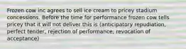 Frozen cow inc agrees to sell ice cream to pricey stadium concessions. Before the time for performance frozen cow tells pricey that it will not deliver this is (anticipatory repudiation, perfect tender, rejection of performance, revocation of acceptance)