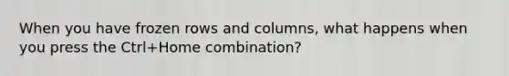 When you have frozen rows and columns, what happens when you press the Ctrl+Home combination?