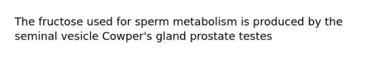 The fructose used for sperm metabolism is produced by the seminal vesicle Cowper's gland prostate testes