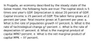 In Frugalia, an economy described by the steady state of the Solow model, the following facts are true: The capital stock is 5 times one year's GDP. Depreciation is about 20 percent of GDP. Capital income is 25 percent of GDP. The labor force grows at 2 percent per year. Total income grows at 5 percent per year. a. What is the rate of population growth n? percent. b. What is the rate of technological change g? percent. c. What is the rate of depreciation δ? percent. d. What is the marginal product of capital MPK? percent. e. What is the net marginal product of capital MPK − δ? percent.