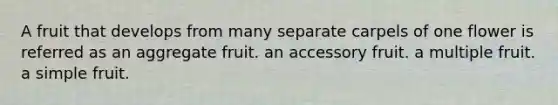 A fruit that develops from many separate carpels of one flower is referred as an aggregate fruit. an accessory fruit. a multiple fruit. a simple fruit.