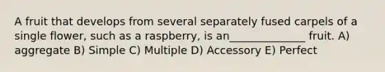 A fruit that develops from several separately fused carpels of a single flower, such as a raspberry, is an______________ fruit. A) aggregate B) Simple C) Multiple D) Accessory E) Perfect