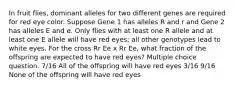 In fruit flies, dominant alleles for two different genes are required for red eye color. Suppose Gene 1 has alleles R and r and Gene 2 has alleles E and e. Only flies with at least one R allele and at least one E allele will have red eyes; all other genotypes lead to white eyes. For the cross Rr Ee x Rr Ee, what fraction of the offspring are expected to have red eyes? Multiple choice question. 7/16 All of the offspring will have red eyes 3/16 9/16 None of the offspring will have red eyes