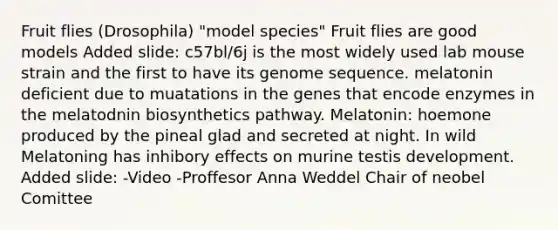 Fruit flies (Drosophila) "model species" Fruit flies are good models Added slide: c57bl/6j is the most widely used lab mouse strain and the first to have its genome sequence. melatonin deficient due to muatations in the genes that encode enzymes in the melatodnin biosynthetics pathway. Melatonin: hoemone produced by the pineal glad and secreted at night. In wild Melatoning has inhibory effects on murine testis development. Added slide: -Video -Proffesor Anna Weddel Chair of neobel Comittee