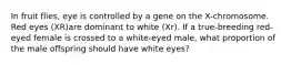 In fruit flies, eye is controlled by a gene on the X-chromosome. Red eyes (XR)are dominant to white (Xr). If a true-breeding red-eyed female is crossed to a white-eyed male, what proportion of the male offspring should have white eyes?