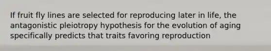 If fruit fly lines are selected for reproducing later in life, the antagonistic pleiotropy hypothesis for the evolution of aging specifically predicts that traits favoring reproduction