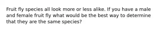 Fruit fly species all look more or less alike. If you have a male and female fruit fly what would be the best way to determine that they are the same species?