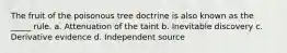 The fruit of the poisonous tree doctrine is also known as the _____ rule. a. Attenuation of the taint b. Inevitable discovery c. Derivative evidence d. Independent source