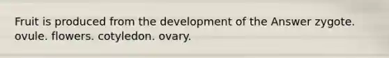 Fruit is produced from the development of the Answer zygote. ovule. flowers. cotyledon. ovary.