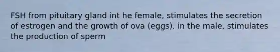 FSH from pituitary gland int he female, stimulates the secretion of estrogen and the growth of ova (eggs). in the male, stimulates the production of sperm