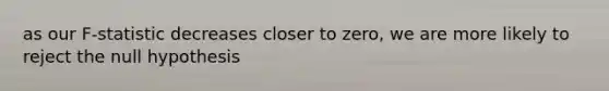 as our F-statistic decreases closer to zero, we are more likely to reject the null hypothesis