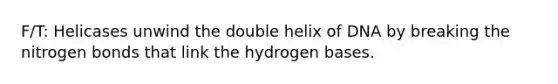 F/T: Helicases unwind the double helix of DNA by breaking the nitrogen bonds that link the hydrogen bases.