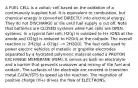 A FUEL CELL is a voltaic cell based on the oxidation of a continuously supplied fuel. It is equivalent to combustion, but chemical energy is converted DIRECTLY into electrical energy. They do not DISCHARGE or die until fuel supply is cut off. Note that batteries are CLOSED systems while fuel cells are OPEN systems. In a typical fuel cell, H2(g) is oxidized to H+ IONS at the anode and O2(g) is reduced to H2O(l) at the cathode. The overall reaction is: 2H2(g) + O2(g) --> 2H2O(l). The fuel cells used to power electric vehicles of metallic or graphite electrodes separated by a hydrated polymeric material called a PROTON EXCHANGE MEMBRANE (PEM). It serves as both an electrolyte and a barrier that prevents crossover and mixing of the fuel and oxidant. The surfaces of the electrode are covered in transition metal CATALYSTS to speed up the reaction. The migration of positive charge (H+) drives the flow of ELECTRONS.