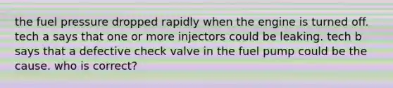 the fuel pressure dropped rapidly when the engine is turned off. tech a says that one or more injectors could be leaking. tech b says that a defective check valve in the fuel pump could be the cause. who is correct?