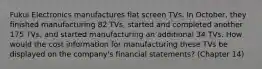 Fukui Electronics manufactures flat screen TVs. In October, they finished manufacturing 82 TVs, started and completed another 175 TVs, and started manufacturing an additional 34 TVs. How would the cost information for manufacturing these TVs be displayed on the company's financial statements? (Chapter 14)