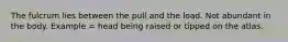 The fulcrum lies between the pull and the load. Not abundant in the body. Example = head being raised or tipped on the atlas.