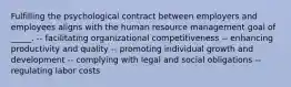 Fulfilling the psychological contract between employers and employees aligns with the human resource management goal of _____. -- facilitating organizational competitiveness -- enhancing productivity and quality -- promoting individual growth and development -- complying with legal and social obligations -- regulating labor costs