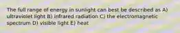 The full range of energy in sunlight can best be described as A) ultraviolet light B) infrared radiation C) the electromagnetic spectrum D) visible light E) heat