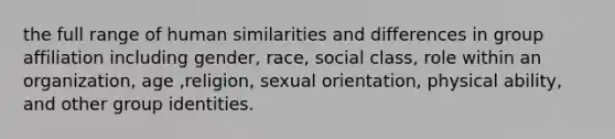 the full range of human similarities and differences in group affiliation including gender, race, social class, role within an organization, age ,religion, sexual orientation, physical ability, and other group identities.