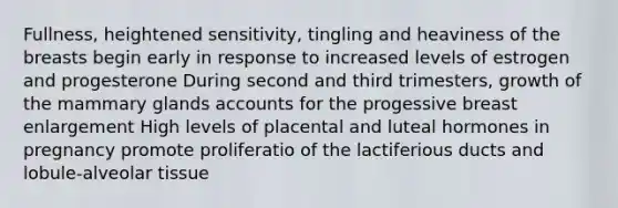 Fullness, heightened sensitivity, tingling and heaviness of the breasts begin early in response to increased levels of estrogen and progesterone During second and third trimesters, growth of the mammary glands accounts for the progessive breast enlargement High levels of placental and luteal hormones in pregnancy promote proliferatio of the lactiferious ducts and lobule-alveolar tissue