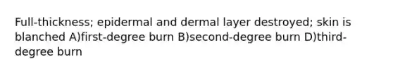 Full-thickness; epidermal and dermal layer destroyed; skin is blanched A)first-degree burn B)second-degree burn D)third-degree burn