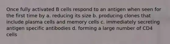 Once fully activated B cells respond to an antigen when seen for the first time by a. reducing its size b. producing clones that include plasma cells and memory cells c. immediately secreting antigen specific antibodies d. forming a large number of CD4 cells