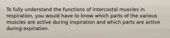 To fully understand the functions of intercostal muscles in respiration, you would have to know which parts of the various muscles are active during inspiration and which parts are active during expiration.