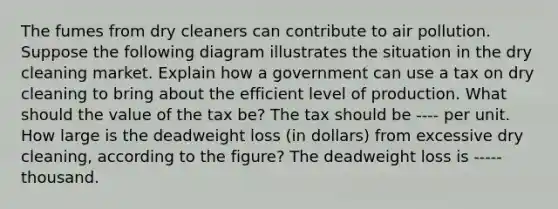 The fumes from dry cleaners can contribute to air pollution. Suppose the following diagram illustrates the situation in the dry cleaning market. Explain how a government can use a tax on dry cleaning to bring about the efficient level of production. What should the value of the tax​ be? The tax should be ​---- per unit. How large is the deadweight loss ​(in dollars​) from excessive dry​ cleaning, according to the​ figure? The deadweight loss is ​----- thousand.