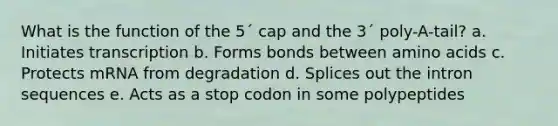 What is the function of the 5´ cap and the 3´ poly-A-tail? a. Initiates transcription b. Forms bonds between amino acids c. Protects mRNA from degradation d. Splices out the intron sequences e. Acts as a stop codon in some polypeptides