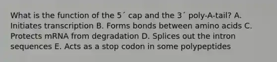 What is the function of the 5´ cap and the 3´ poly-A-tail? A. Initiates transcription B. Forms bonds between amino acids C. Protects mRNA from degradation D. Splices out the intron sequences E. Acts as a stop codon in some polypeptides