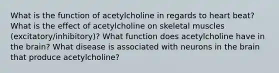 What is the function of acetylcholine in regards to heart beat? What is the effect of acetylcholine on skeletal muscles (excitatory/inhibitory)? What function does acetylcholine have in <a href='https://www.questionai.com/knowledge/kLMtJeqKp6-the-brain' class='anchor-knowledge'>the brain</a>? What disease is associated with neurons in the brain that produce acetylcholine?