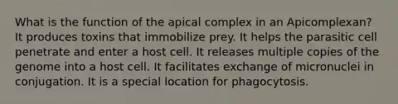 What is the function of the apical complex in an Apicomplexan? It produces toxins that immobilize prey. It helps the parasitic cell penetrate and enter a host cell. It releases multiple copies of the genome into a host cell. It facilitates exchange of micronuclei in conjugation. It is a special location for phagocytosis.