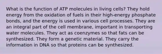 What is the function of ATP molecules in living cells? They hold energy from the oxidation of fuels in their high-energy phosphate bonds, and the energy is used in various cell processes. They are an integral part of the cell membrane, important in transporting water molecules. They act as coenzymes so that fats can be synthesized. They form a genetic material. They carry the information in DNA so that proteins can be synthesized.