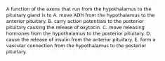 A function of the axons that run from the hypothalamus to the pituitary gland is to A. move ADH from the hypothalamus to the anterior pituitary. B. carry action potentials to the posterior pituitary causing the release of oxytocin. C. move releasing hormones from the hypothalamus to the posterior pituitary. D. cause the release of insulin from the anterior pituitary. E. form a vascular connection from the hypothalamus to the posterior pituitary.