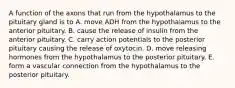 A function of the axons that run from the hypothalamus to the pituitary gland is to A. move ADH from the hypothalamus to the anterior pituitary. B. cause the release of insulin from the anterior pituitary. C. carry action potentials to the posterior pituitary causing the release of oxytocin. D. move releasing hormones from the hypothalamus to the posterior pituitary. E. form a vascular connection from the hypothalamus to the posterior pituitary.