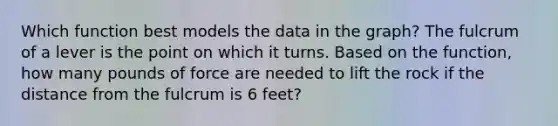 Which function best models the data in the graph? The fulcrum of a lever is the point on which it turns. Based on the function, how many pounds of force are needed to lift the rock if the distance from the fulcrum is 6 feet?