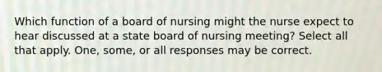 Which function of a board of nursing might the nurse expect to hear discussed at a state board of nursing meeting? Select all that apply. One, some, or all responses may be correct.