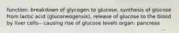 function: breakdown of glycogen to glucose, synthesis of glucose from lactic acid (gluconeogensis), release of glucose to the blood by liver cells-- causing rise of glucose levels organ: pancreas