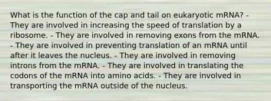 What is the function of the cap and tail on eukaryotic mRNA? - They are involved in increasing the speed of translation by a ribosome. - They are involved in removing exons from the mRNA. - They are involved in preventing translation of an mRNA until after it leaves the nucleus. - They are involved in removing introns from the mRNA. - They are involved in translating the codons of the mRNA into amino acids. - They are involved in transporting the mRNA outside of the nucleus.