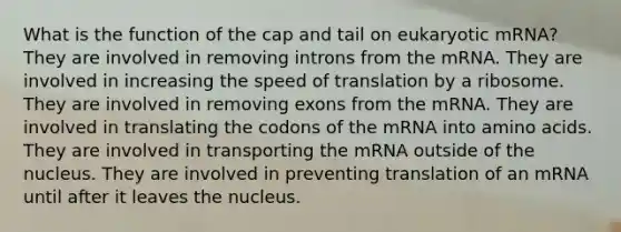 What is the function of the cap and tail on eukaryotic mRNA? They are involved in removing introns from the mRNA. They are involved in increasing the speed of translation by a ribosome. They are involved in removing exons from the mRNA. They are involved in translating the codons of the mRNA into <a href='https://www.questionai.com/knowledge/k9gb720LCl-amino-acids' class='anchor-knowledge'>amino acids</a>. They are involved in transporting the mRNA outside of the nucleus. They are involved in preventing translation of an mRNA until after it leaves the nucleus.