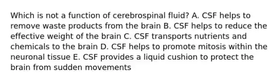 Which is not a function of cerebrospinal fluid? A. CSF helps to remove waste products from <a href='https://www.questionai.com/knowledge/kLMtJeqKp6-the-brain' class='anchor-knowledge'>the brain</a> B. CSF helps to reduce the effective weight of the brain C. CSF transports nutrients and chemicals to the brain D. CSF helps to promote mitosis within the neuronal tissue E. CSF provides a liquid cushion to protect the brain from sudden movements