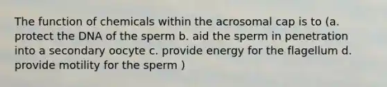 The function of chemicals within the acrosomal cap is to (a. protect the DNA of the sperm b. aid the sperm in penetration into a secondary oocyte c. provide energy for the flagellum d. provide motility for the sperm )