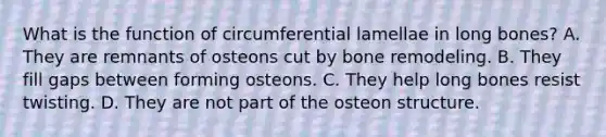 What is the function of circumferential lamellae in long bones? A. They are remnants of osteons cut by bone remodeling. B. They fill gaps between forming osteons. C. They help long bones resist twisting. D. They are not part of the osteon structure.