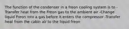 The function of the condenser in a freon cooling system is to -Transfer heat from the Freon gas to the ambient air -Change liquid Freon into a gas before it enters the compressor -Transfer heat from the cabin air to the liquid freon