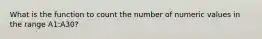 What is the function to count the number of numeric values in the range A1:A30?