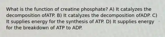 What is the function of creatine phosphate? ​A) It catalyzes the decomposition ofATP.​ ​B) It catalyzes the decomposition ofADP. ​C) It supplies energy for the synthesis of ATP. ​D) It supplies energy for the breakdown of ATP to ADP.