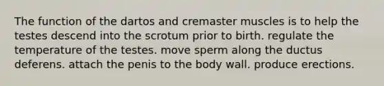 The function of the dartos and cremaster muscles is to help the testes descend into the scrotum prior to birth. regulate the temperature of the testes. move sperm along the ductus deferens. attach the penis to the body wall. produce erections.