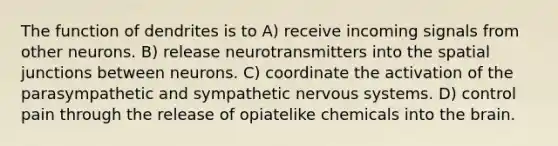 The function of dendrites is to A) receive incoming signals from other neurons. B) release neurotransmitters into the spatial junctions between neurons. C) coordinate the activation of the parasympathetic and sympathetic nervous systems. D) control pain through the release of opiatelike chemicals into the brain.