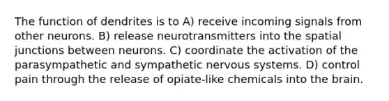 The function of dendrites is to A) receive incoming signals from other neurons. B) release neurotransmitters into the spatial junctions between neurons. C) coordinate the activation of the parasympathetic and sympathetic nervous systems. D) control pain through the release of opiate-like chemicals into the brain.