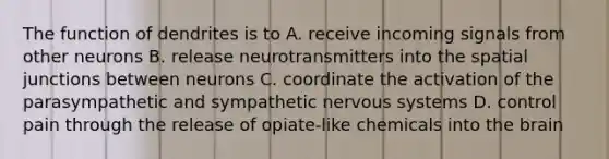 The function of dendrites is to A. receive incoming signals from other neurons B. release neurotransmitters into the spatial junctions between neurons C. coordinate the activation of the parasympathetic and sympathetic nervous systems D. control pain through the release of opiate-like chemicals into the brain